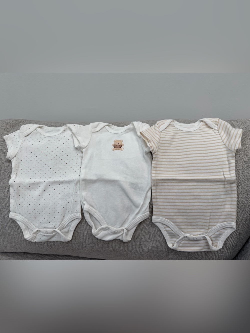 Little Me White and Beige Neutral Three-Pack Baby Bodysuits